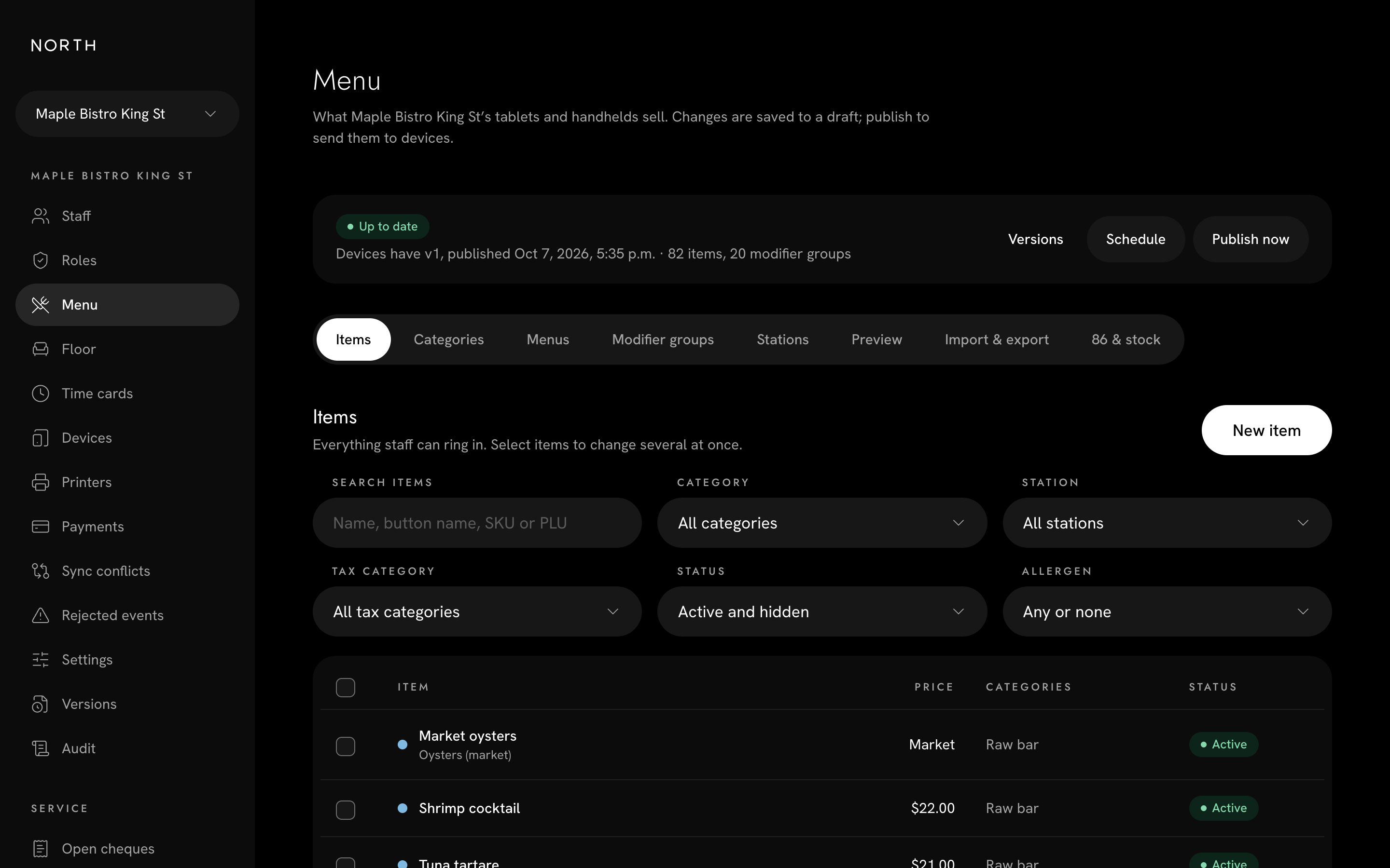 The North back office menu editor listing items with prices, categories and status.